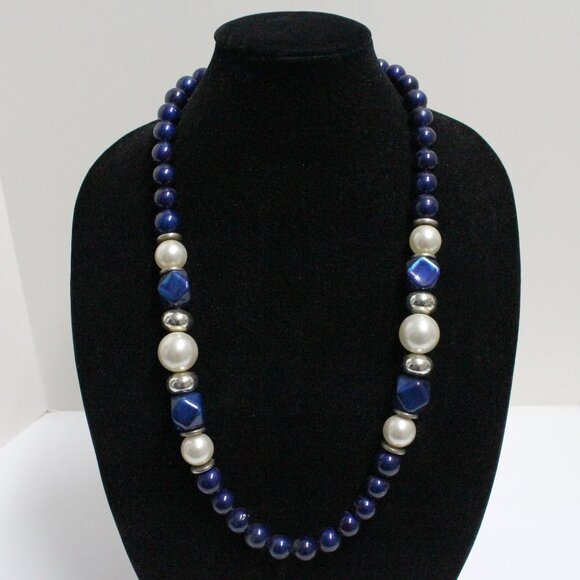 Source Unknown Jewelry - Blue, Silver Bead & Imitation Pearl 30" Long Resin Spring Ring Clasp Necklace